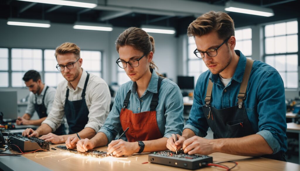 Groupe de jeunes professionnels en formation dans un atelier moderne