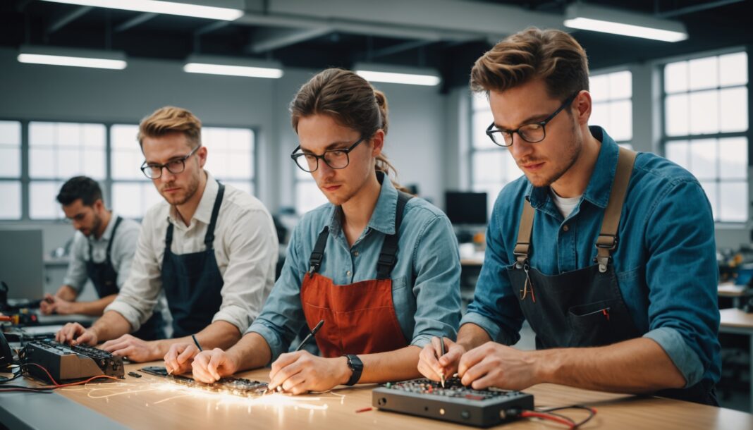 Groupe de jeunes professionnels en formation dans un atelier moderne