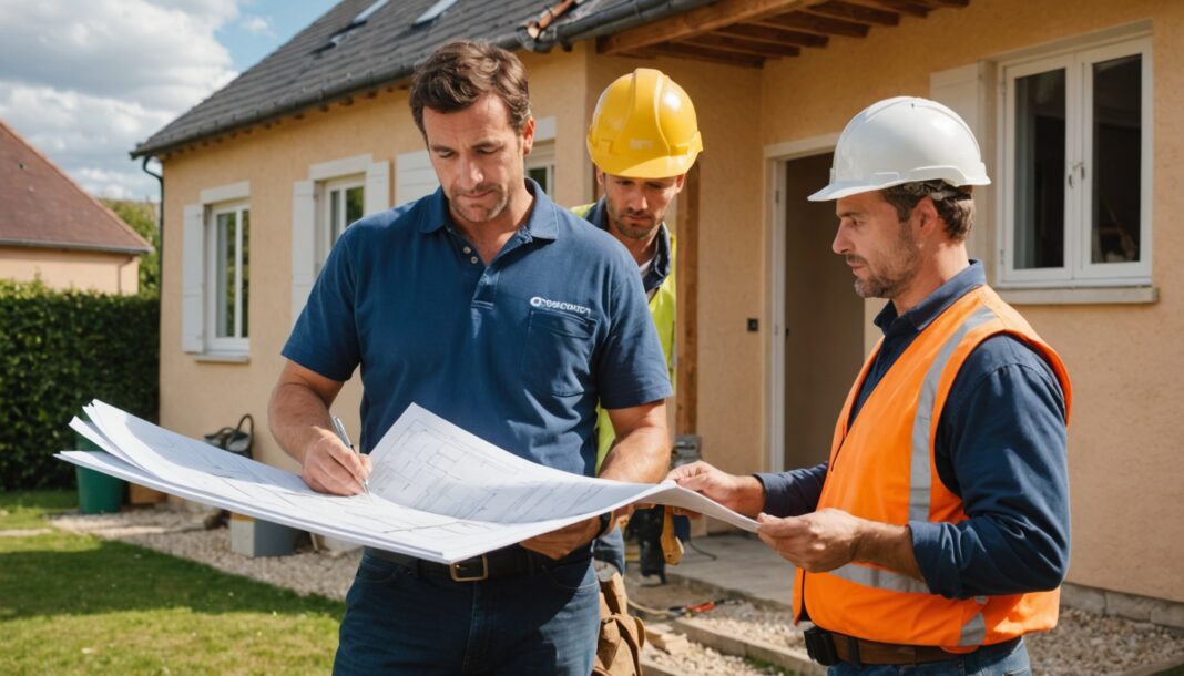 MaPrimeRénov’ : ce qui change pour financer vos travaux de rénovation énergétique Propriétaire et artisan examinant des plans de rénovation énergétique devant une maison