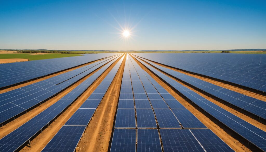 Rangées de panneaux solaires sous un ciel bleu intense lors des records d'ensoleillement de l'été 2026