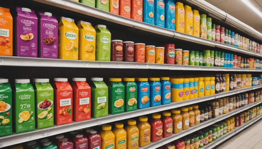 Rayon de supermarché illustrant les emballages alimentaires et l'étiquetage nutritionnel