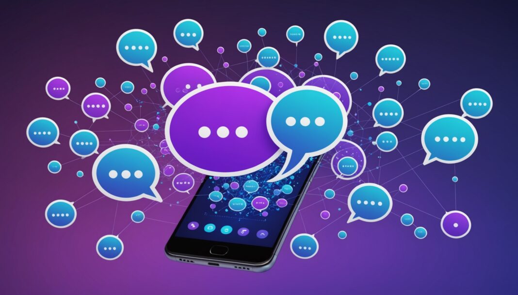 Illustration d'un smartphone affichant des bulles de messages résumées par une intelligence artificielle
