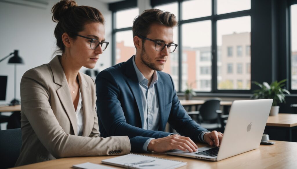 Professionnel consultant une plateforme de formation en ligne sur un ordinateur portable