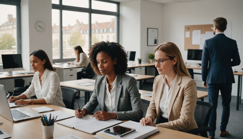 Salariés au bureau lors d'une période de reconversion professionnelle