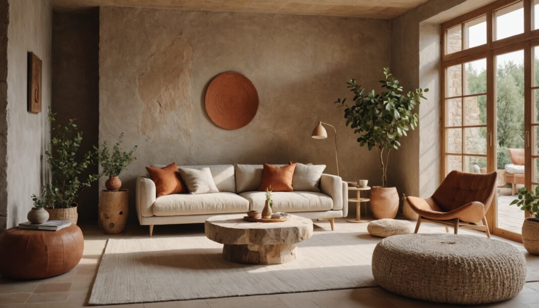 Décoration intérieure aux matières brutes et naturelles Salon moderne avec bois clair, pierre naturelle et textiles en lin, lumière chaude
