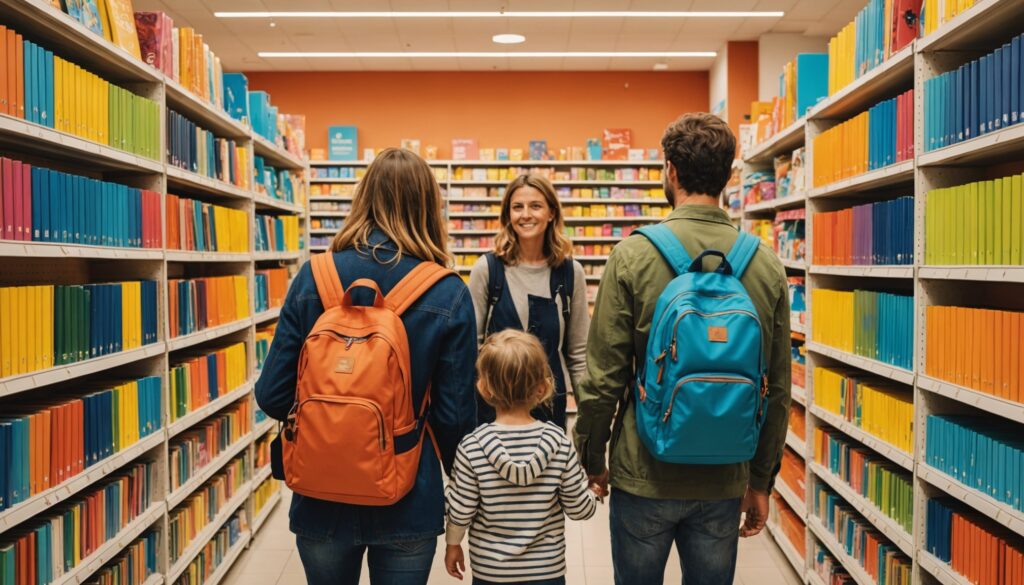 Famille faisant ses achats de fournitures scolaires pour la rentrée