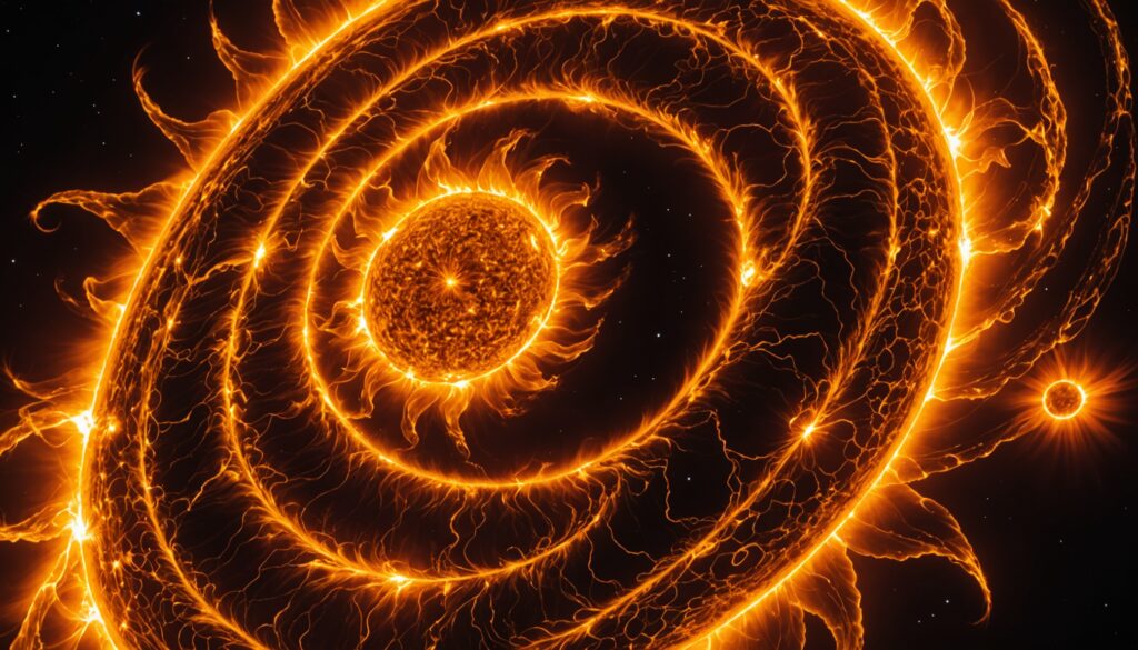 Vue rapprochée de tourbillons de plasma incandescents à la surface du Soleil
