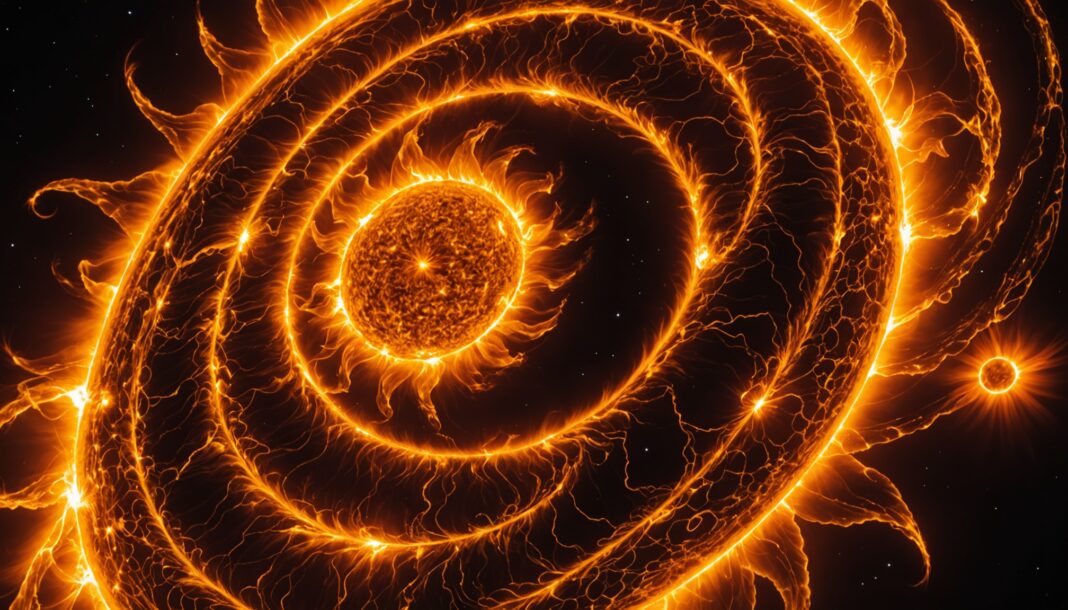 Vue rapprochée de tourbillons de plasma incandescents à la surface du Soleil
