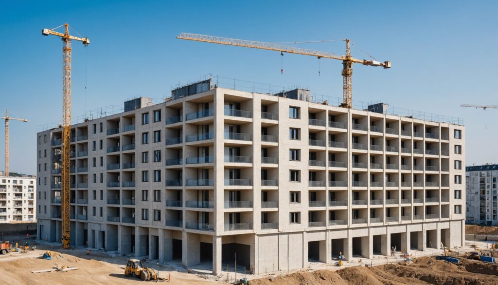Grue et immeuble en construction sur un chantier de logements
