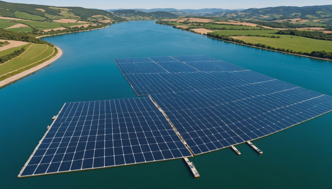 Solaire flottant : la France accélère sur ses lacs et barrages Panneaux photovoltaïques flottants installés sur un lac en France