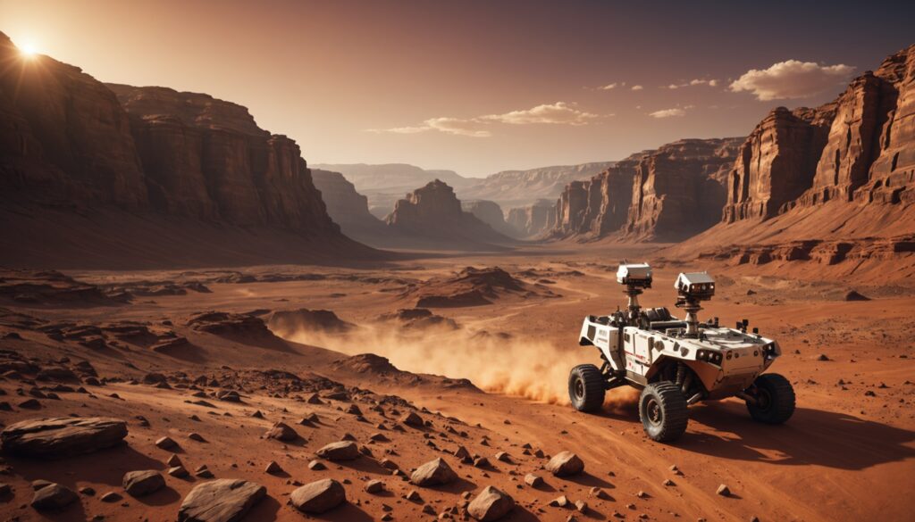 Paysage martien rocheux avec un lit de rivière asséché, exploré par un rover de la NASA