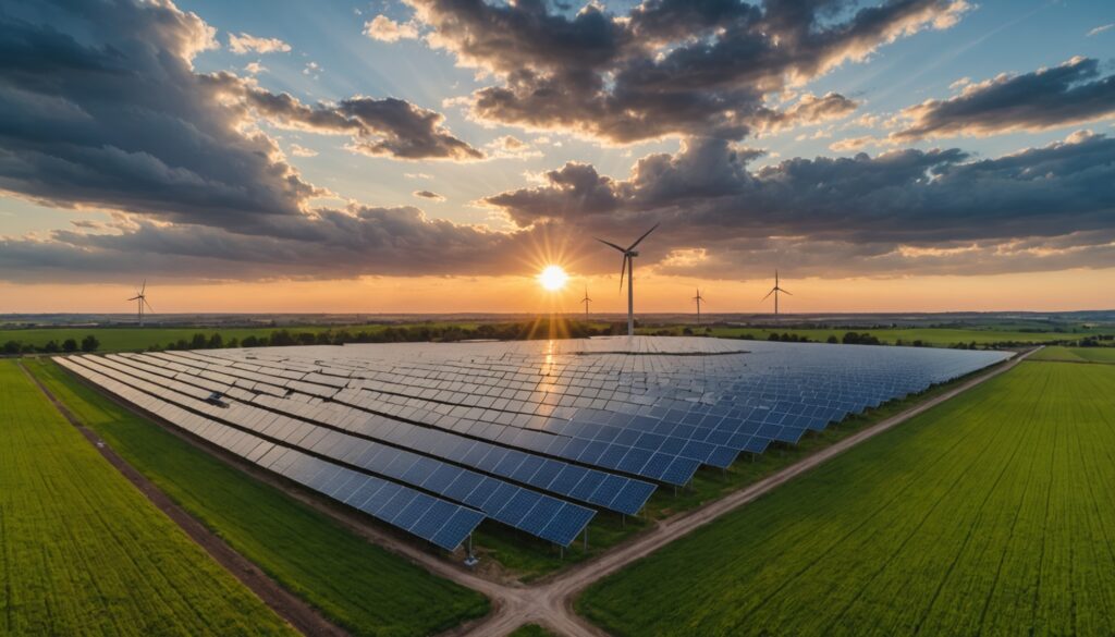 Panneaux solaires et éoliennes dans la campagne française avec lignes électriques au coucher du soleil