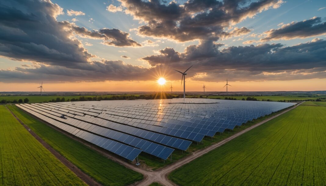 Panneaux solaires et éoliennes dans la campagne française avec lignes électriques au coucher du soleil