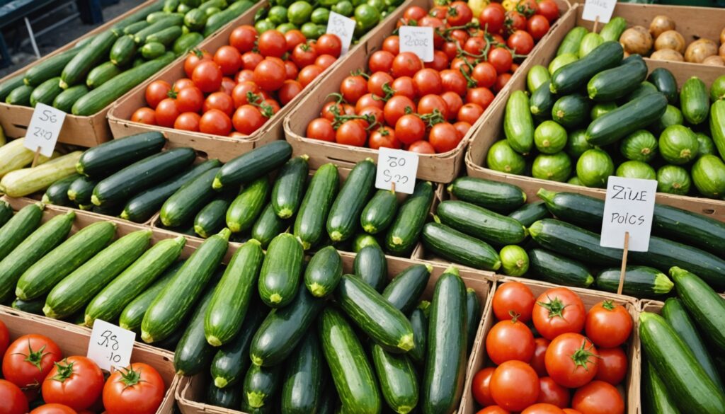 Courgettes et tomates fraîches présentées sur un étal de marché en France