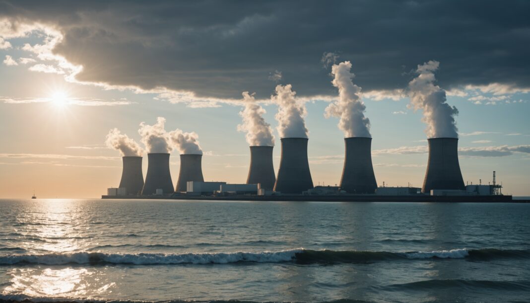 Centrale nucléaire de bord de mer avec tours de refroidissement, illustration de l'arrêt de réacteurs lié aux méduses