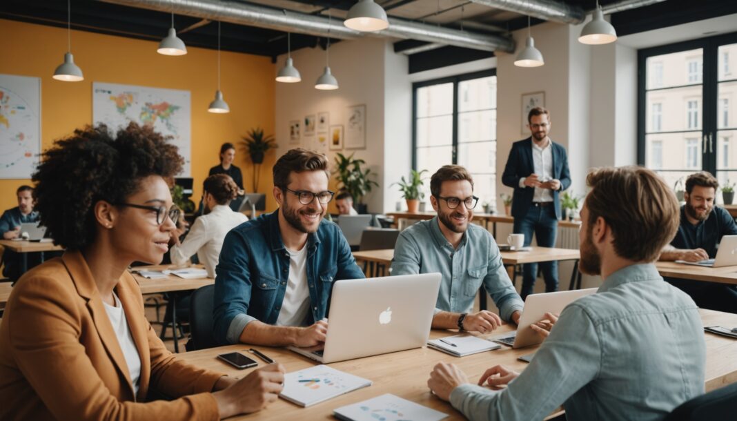 Entrepreneurs et freelances français travaillant dans un espace de coworking lumineux, illustration du boom de la création d'entreprises