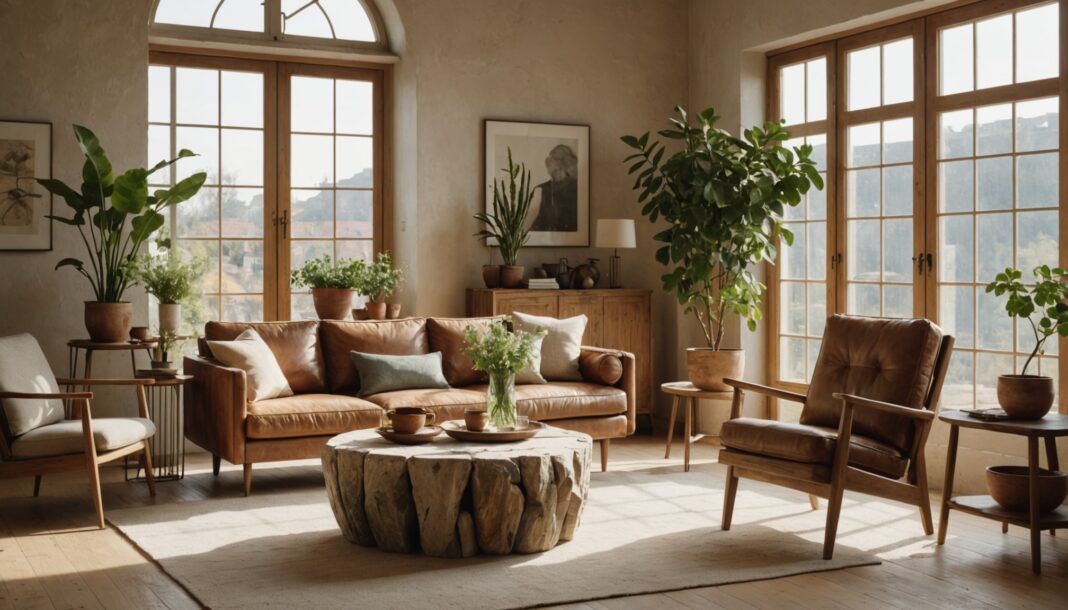 Décoration : pourquoi les matériaux naturels s’imposent durablement dans nos intérieurs Salon lumineux avec mobilier en bois massif et matériaux naturels, tendance décoration
