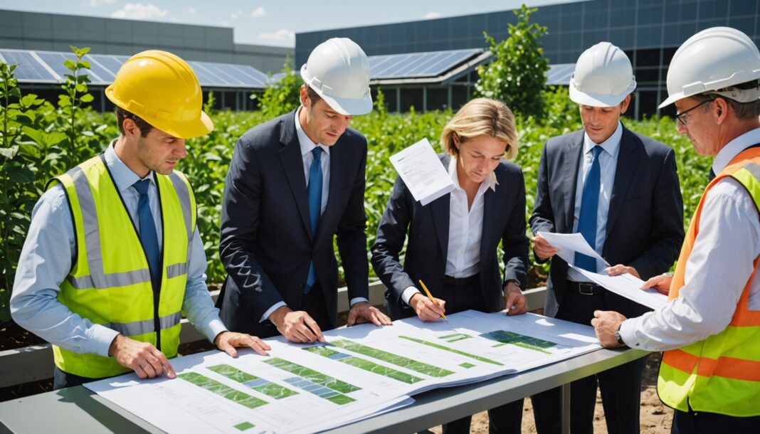 Illustration d'un chantier de marché public avec critères environnementaux et panneaux solaires