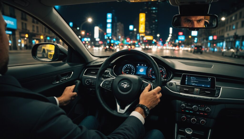 Chauffeur VTC au volant de nuit, symbole de l'examen professionnel désormais obligatoire
