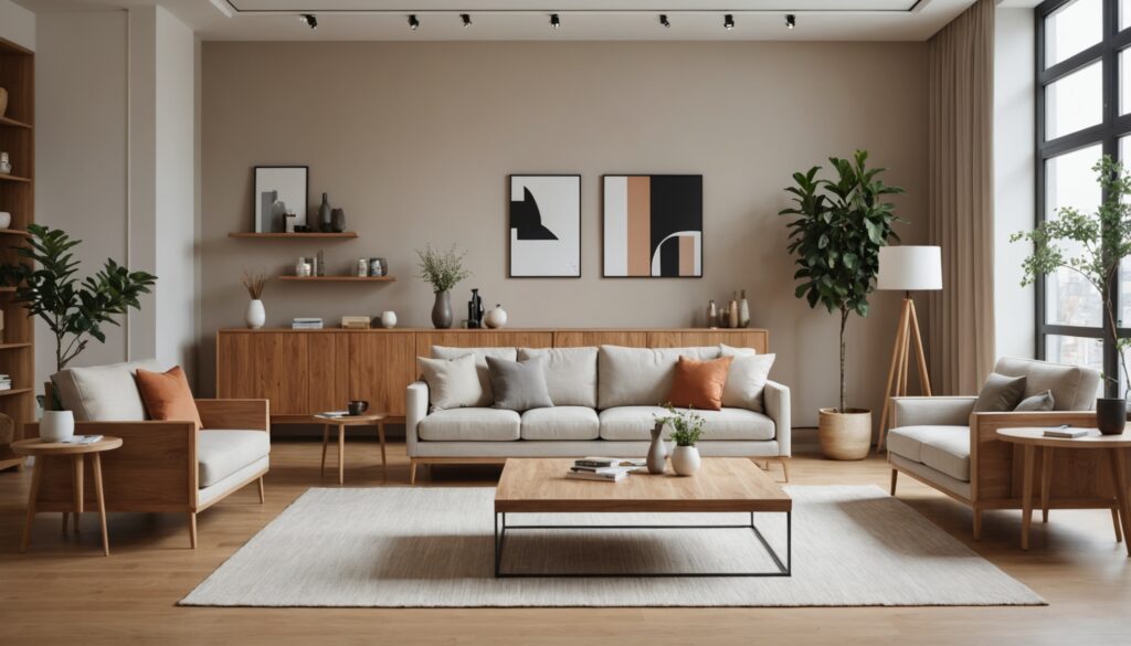 Intérieur moderne avec mobilier en bois clair et canapé cosy, marché du meuble en France