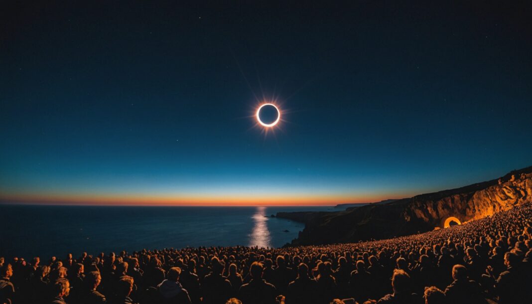 Éclipse solaire totale observée depuis une côte européenne au crépuscule