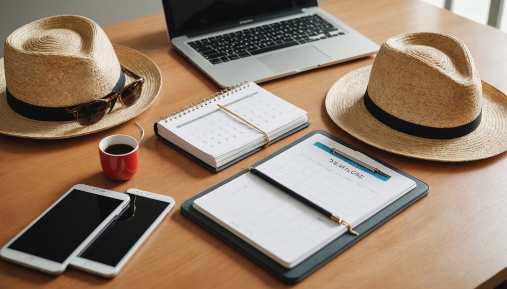 Salarié consultant son calendrier de congés payés au bureau, valise et accessoires de vacances