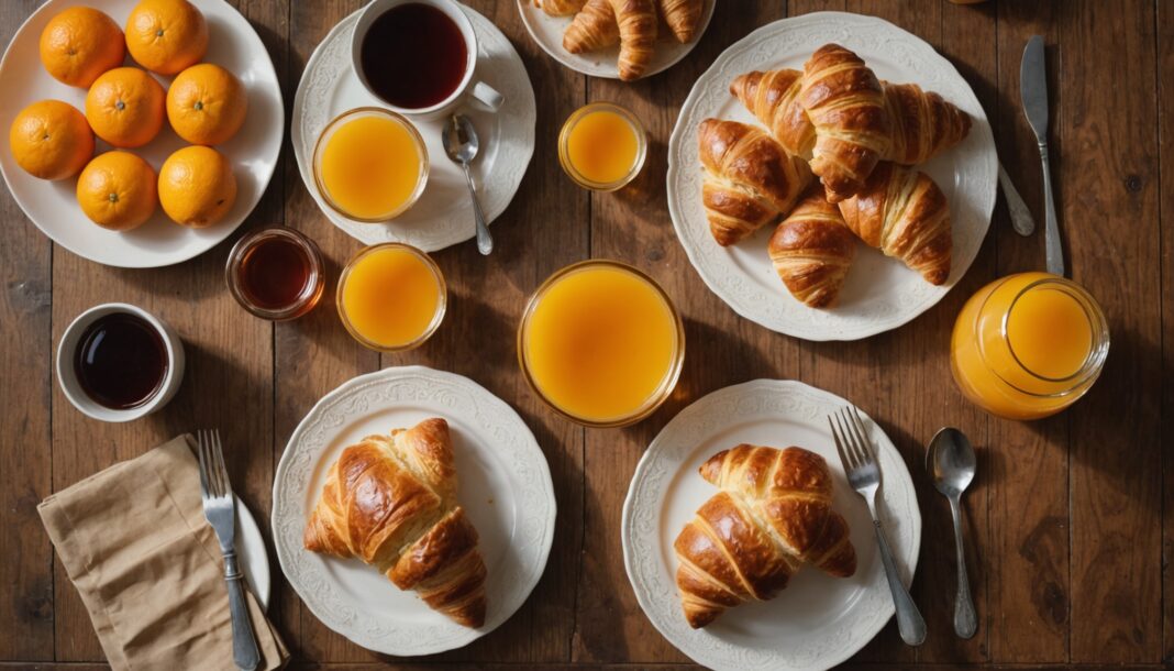 Pot de miel, confiture et jus d'orange sur une table de petit-déjeuner, illustration de la nouvelle réglementation d'étiquetage