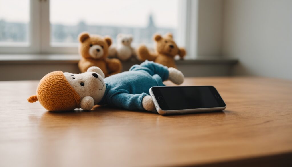 Smartphone posé sur une table en bois à côté d'un jouet pour bébé, lumière naturelle