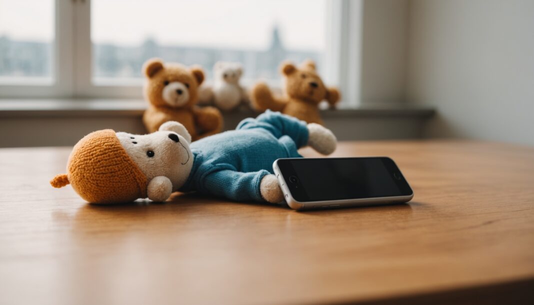 Smartphone posé sur une table en bois à côté d'un jouet pour bébé, lumière naturelle