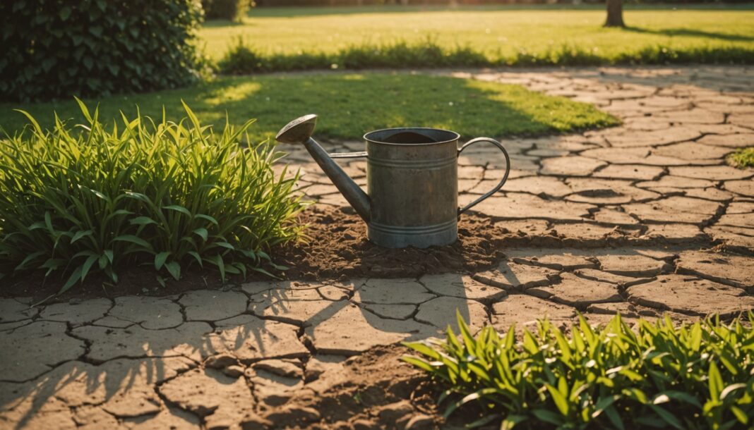 Sécheresse en France : ce que change un arrêté de restriction d’eau Terre craquelée par la sécheresse dans un jardin français en période de restriction d'eau