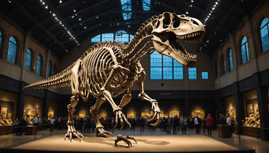 Squelette complet de Tyrannosaurus rex exposé dans une salle des ventes