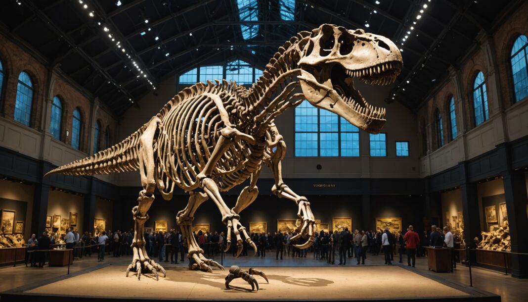 Squelette complet de Tyrannosaurus rex exposé dans une salle des ventes