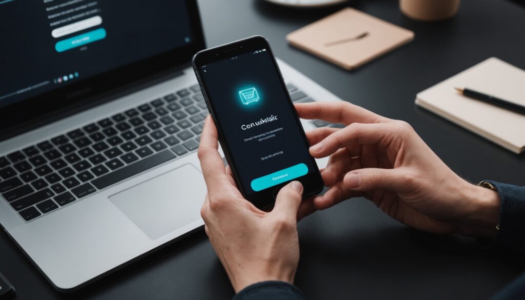 Main appuyant sur un bouton de résiliation d'abonnement sur smartphone lors d'un achat en ligne