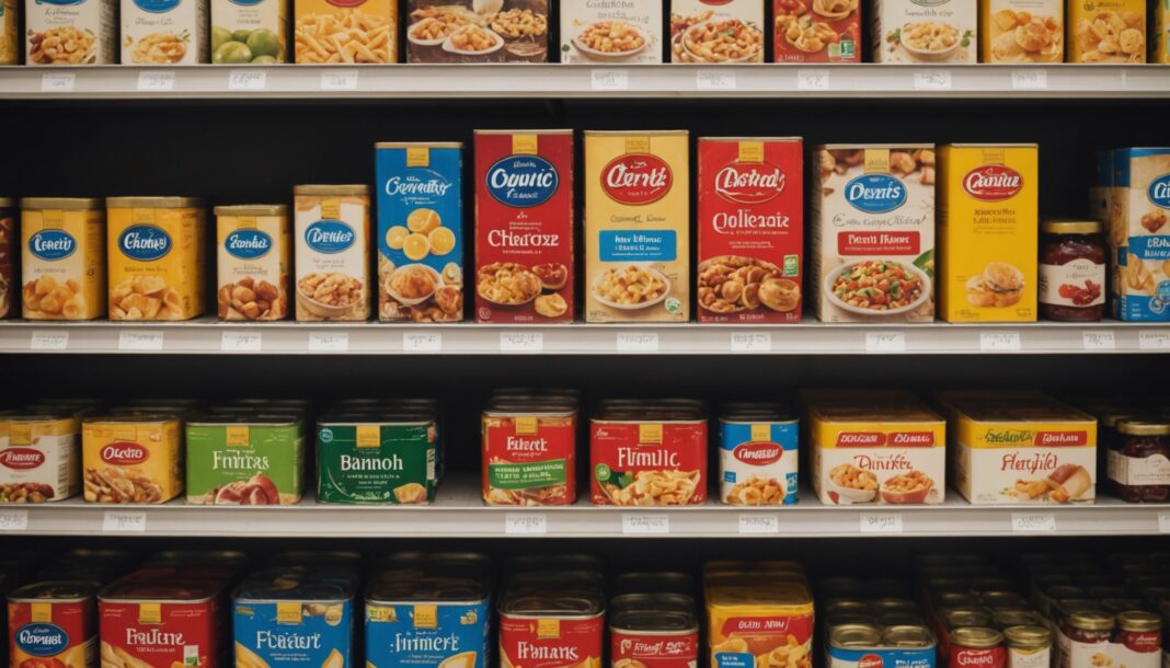 Rayons d'un supermarché français avec produits alimentaires étiquetés