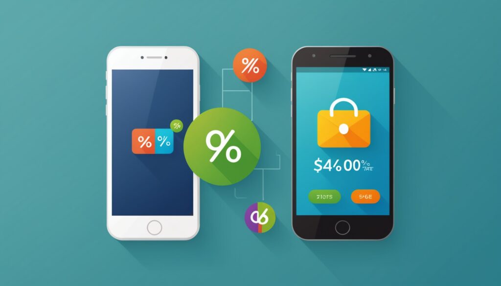 Illustration d'une boutique d'applications mobiles avec une étiquette de réduction, symbolisant la baisse de commission du Play Store