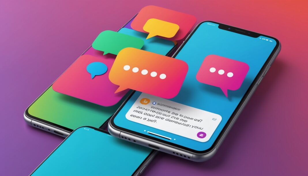 Illustration d'un écran de smartphone avec une conversation IA et une bannière publicitaire