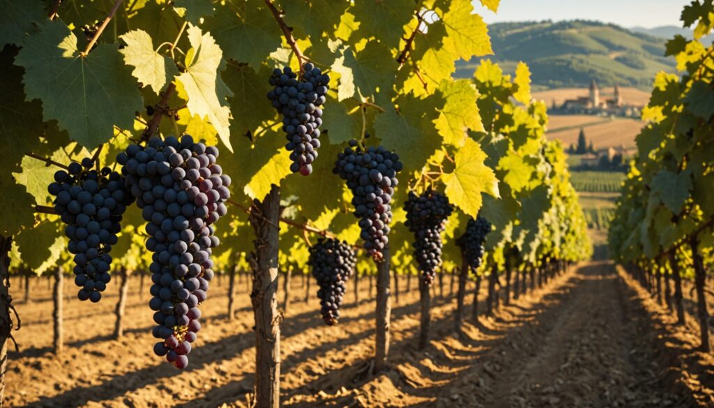 Rangs de vigne dorés sous le soleil, grappes de raisin prêtes pour des vendanges précoces en France