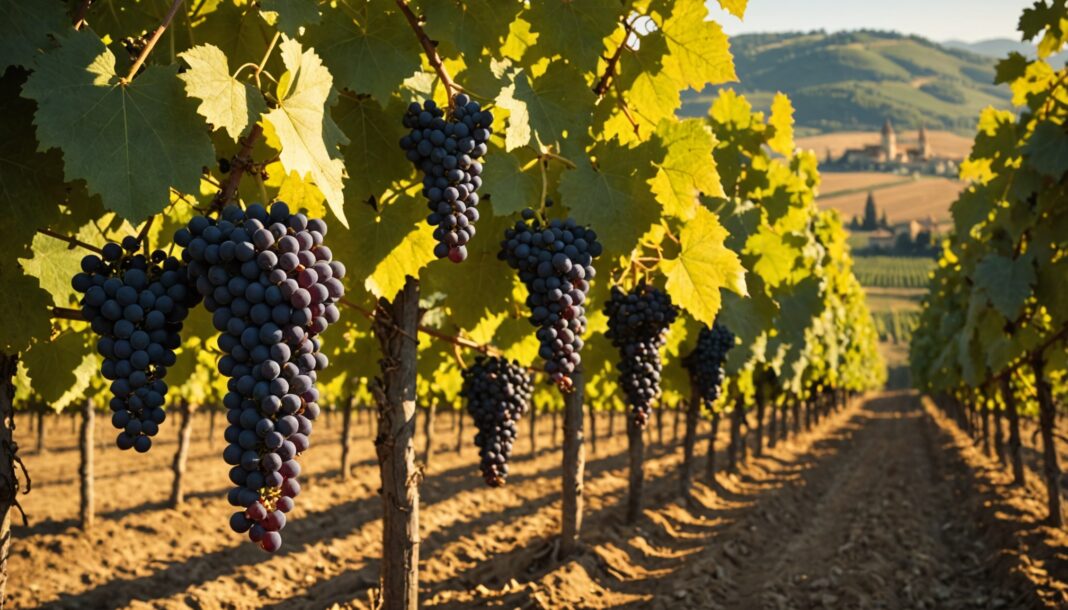 Rangs de vigne dorés sous le soleil, grappes de raisin prêtes pour des vendanges précoces en France