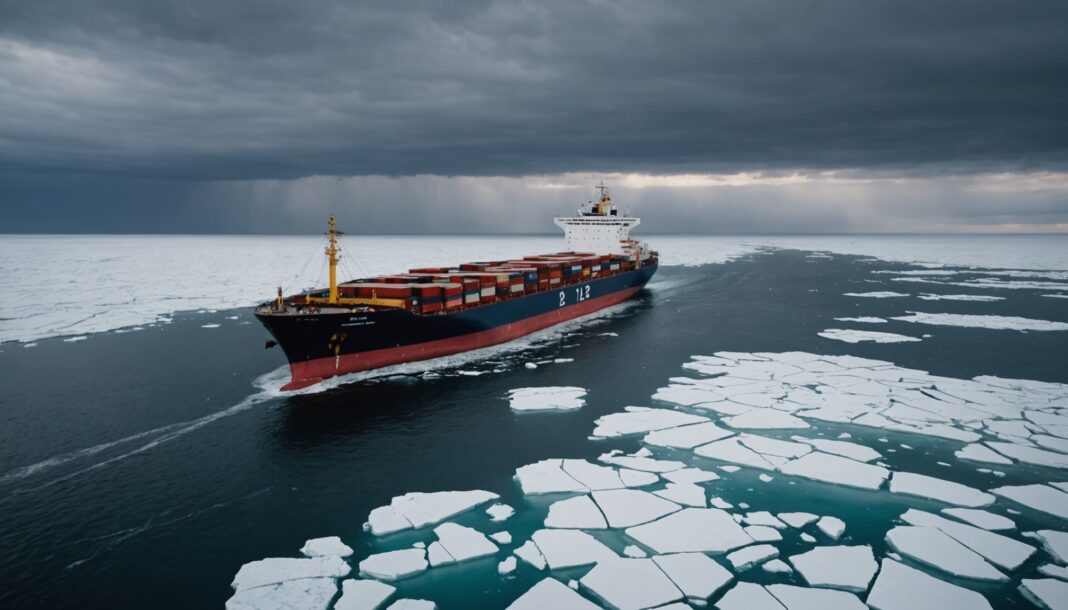 Porte-conteneurs sud-coréen naviguant parmi les glaces de l'Arctique en direction de l'Europe