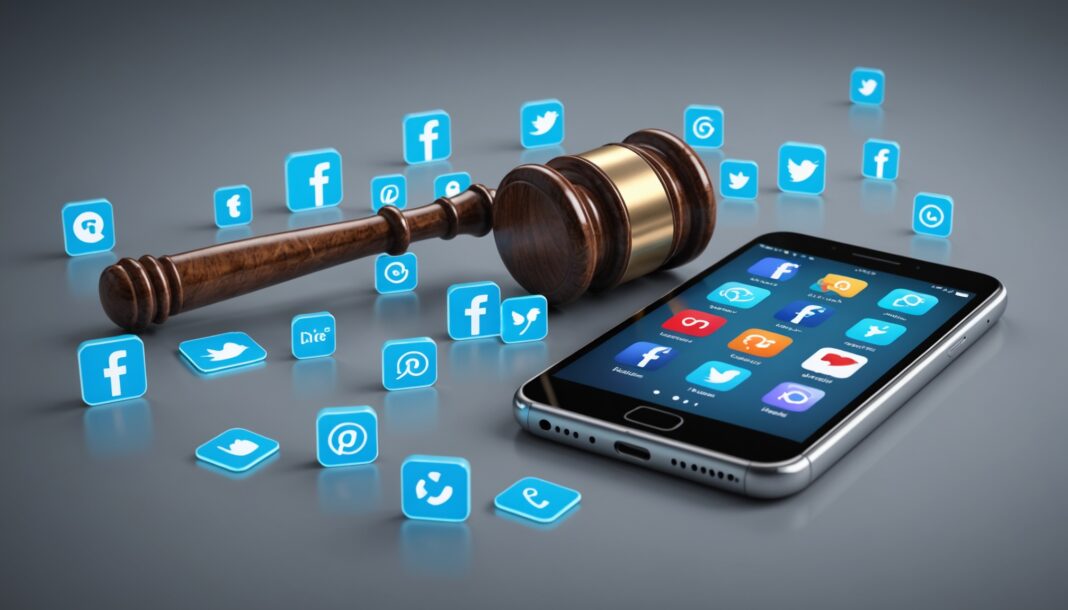 Marteau de juge et smartphone symbolisant la régulation des réseaux sociaux pour les mineurs