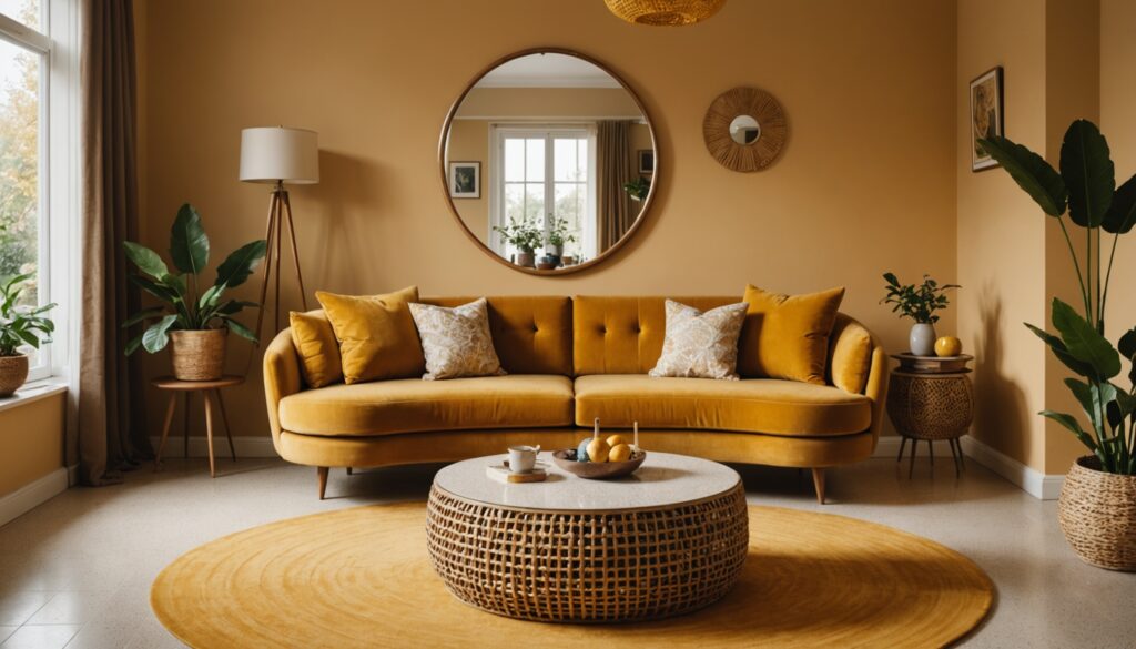 Salon cosy aux teintes marron et moutarde avec canapé arrondi en velours et miroir en rotin