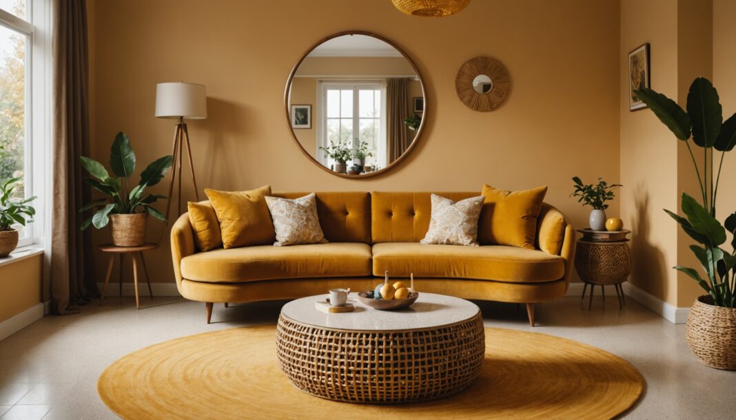 Salon cosy aux teintes marron et moutarde avec canapé arrondi en velours et miroir en rotin