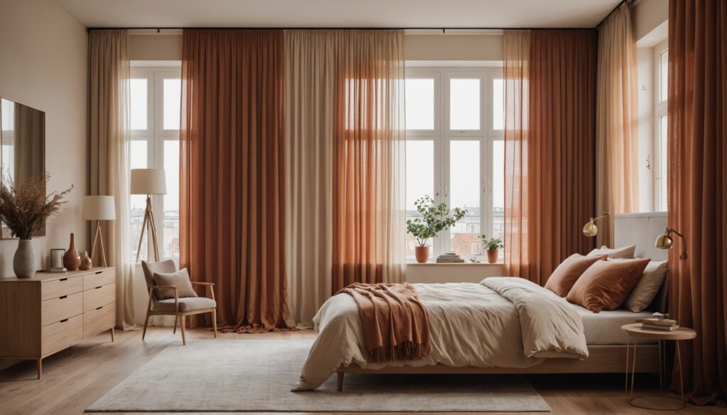 Chambre moderne avec rideaux voilages servant de séparation à la place d'une porte