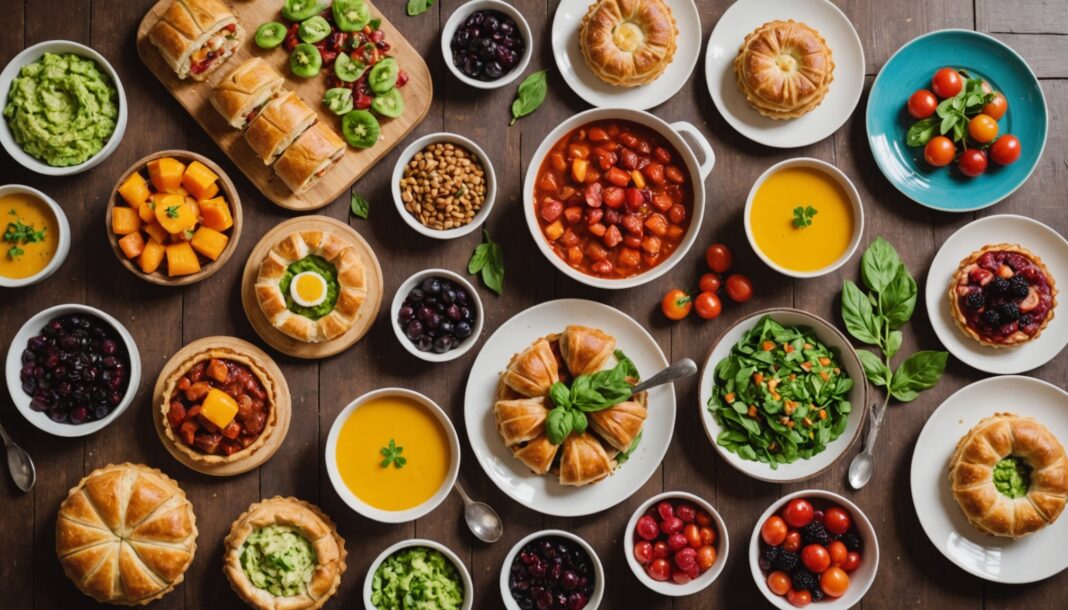 Table garnie de plats et pâtisseries véganes colorés