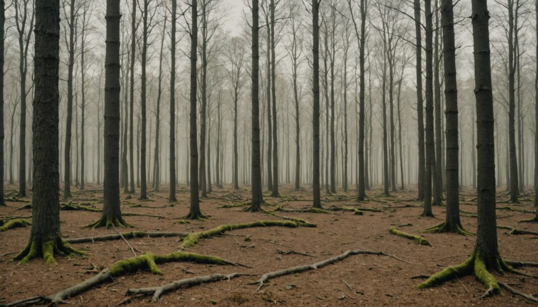 Arbres dépérissants dans une forêt française, illustration des effets du changement climatique sur la santé des forêts