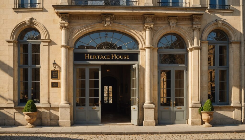 Facade d'un batiment historique francais avec les portes grandes ouvertes en fin d'apres-midi