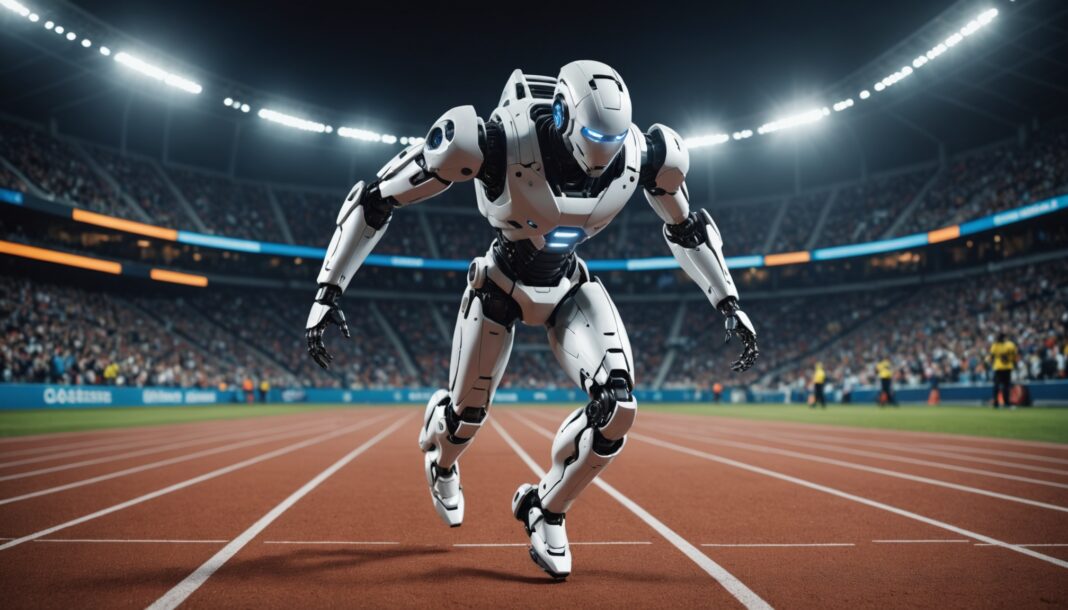 Robot humanoïde en pleine course sur une piste d'athlétisme, illustrant le record du monde du 100 mètres battu à Pékin