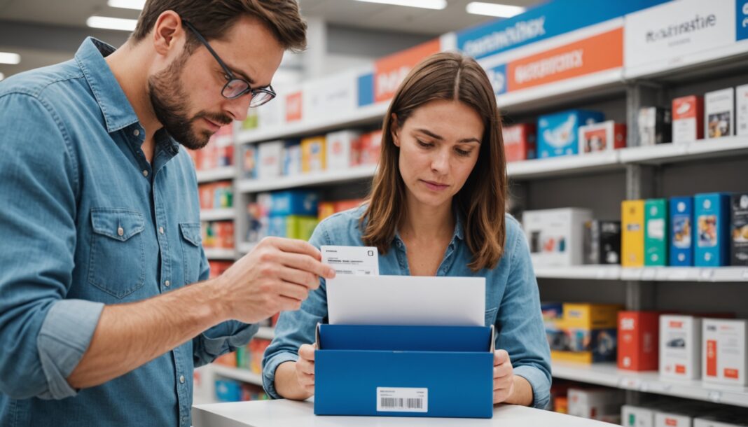 Garantie légale de conformité : la nouvelle notice qui change vos achats Client consultant l'étiquette de garantie légale d'un produit en magasin
