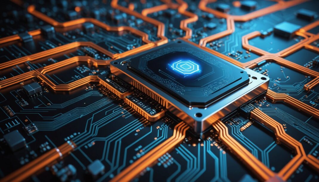 Nvidia rachète Hugging Face en 2026 : ce qui change pour l’IA open source Illustration représentant la fusion entre intelligence artificielle et puces électroniques, symbole du rachat de Hugging Face par Nvidia