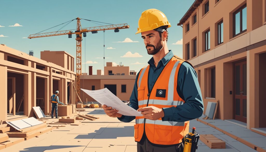 Illustration d'un artisan inspectant un chantier de rénovation énergétique avec un badge de certification